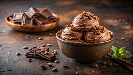 Poster - Creamy chocolate ice cream with swirls of fudge and chocolate shavings, chocolate, ice cream, creamy, dessert, delicious, scoop