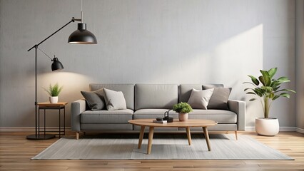 Sticker - Modern living room with grey sofa, coffee table, and black lamp in Scandinavian style , Scandinavian