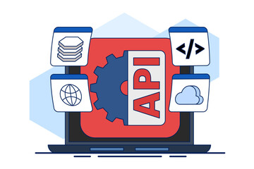 Sticker - Application programming interface concept. software development tools, Internet and networks, APIs provide interfaces for communication between applications, simplifying application integration.