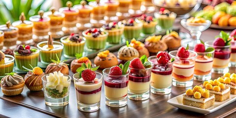 Poster - Closeup of various finger food sweet desserts displayed on a cocktail table , finger food, sweet, dessert, cocktails, closeup