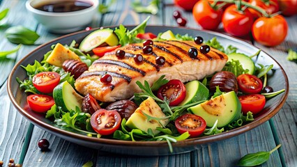 Wall Mural - Fresh and appetizing salad with grilled salmon, avocado, cherry tomatoes, mixed greens, and balsamic vinaigrette dressing