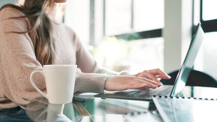 Poster - Laptop, coffee and hands of businesswoman typing in office for finance, profit or equity project. Computer, cappuccino and female financial analyst with research for online investment risk report.
