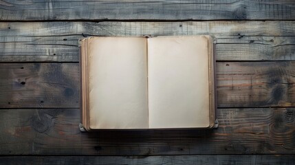 Sticker - Vintage style image of open notebook with blank pages on wooden table viewed from the top with space for text