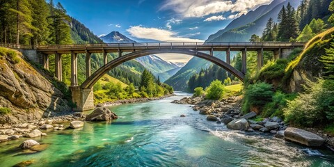 Sticker - A picturesque bridge spanning over a clear river in the mountains, bridge, mountain, nature, landscape, scenery, water