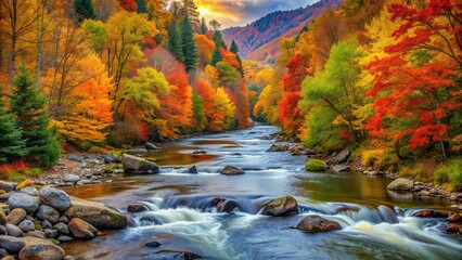 Sticker - Mountain river flowing through vibrant fall foliage , autumn, river, water, nature, landscape, trees, leaves, scenic