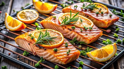 Sticker - Close up of perfectly grilled salmon with fresh orange slices and herbs on top