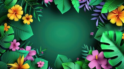 Poster - Tropical Leaves and Flowers Frame with Green Background.