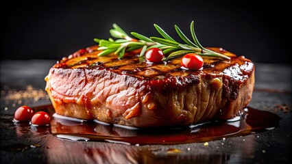 Poster - Close up of juicy steak with glossy sauce on black background, steak, food, meat, juicy, sauce, close up, gourmet, delicious, BBQ