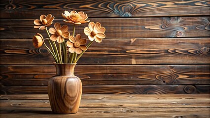 Poster - Wooden flowers arranged in a rustic vase on a wooden table, wood, flowers, arrangement, decoration, rustic, vase, decor