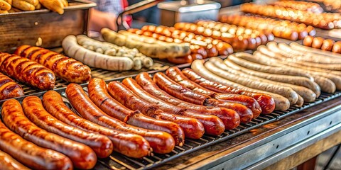 Poster - Grilling typical German sausages in a market stall, market, stall, grilling, German, sausages, cooking, food, traditional