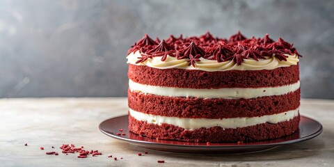 Poster - Red velvet cake on a plate with cream cheese frosting and chocolate shavings, red velvet, cake, dessert