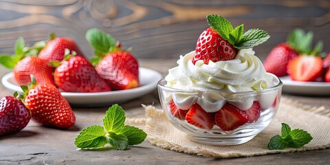 Wall Mural - Delicious dessert with whipped cream and fresh strawberries, dessert, cream, strawberries, sweet, tasty, treat