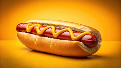 Canvas Print - Hot dog with mustard and ketchup on yellow background, fast food, hot dog, mustard, ketchup, yellow background, condiments