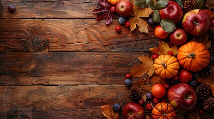 Autumn's Bounty on Rustic Wood: A vibrant symphony of fall colors with pumpkins, apples, and leaves on a textured wooden background, perfect for Thanksgiving and harvest themes. 