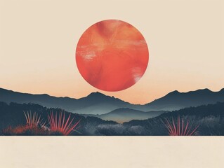 Poster - Gorgeous minimalist sunset landscape design featuring simple geometric shapes and silhouetted mountains against a vivid and vibrant sky  This abstract and contemporary has a calming