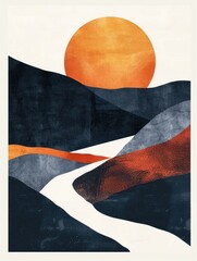 Poster - This stunning minimalist abstract landscape features a vibrant sunset over a dramatic mountainous terrain  showcasing a clean  contemporary design with simple shapes and a captivating color palette