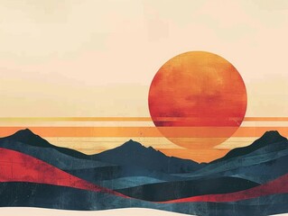 Poster - serene and minimalist sunset landscape with abstract mountain silhouettes and vibrant gradient sky b