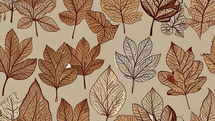 Light beige background with outline hand drawn autumn leaves. Vector fall seamless pattern. Design concept for fabric, textile print, wrapping paper or web backgrounds. Generative AI