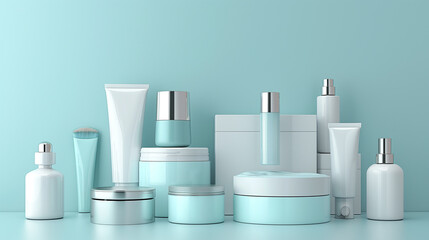 Poster - Set of cosmetic packaging standing on light blue background
