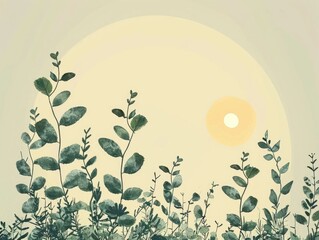 Poster - Elegant minimalist botanical garden poster design featuring a serene silhouette of lush foliage against a tranquil sunset or sunrise backdrop  creating a calming