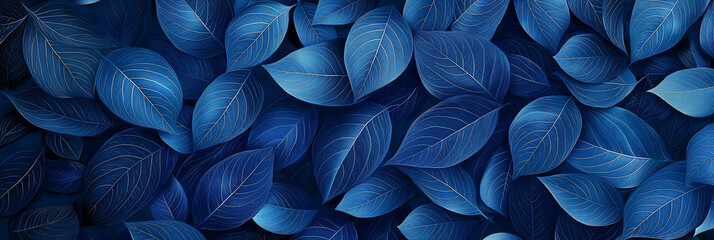 Poster - Blue leaves background with golden veins forming an elegant pattern