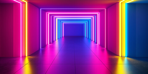 Poster - Glowing neon retro vibrant pathway lighting up a dark room background
