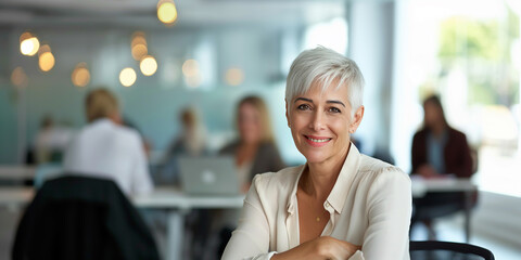 Poster - Senior businesswoman smiling while working in modern open plan office