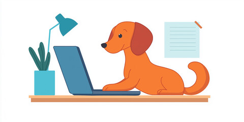 Poster - Dog working on laptop at desk with lamp and plant