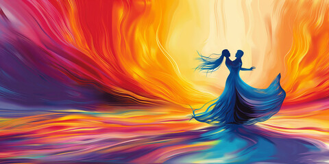 Poster - Couple dancing with abstract colorful wavy background