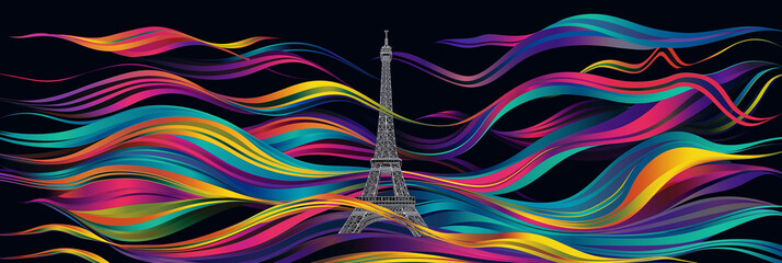 Eiffel tower standing among colorful abstract wavy lines