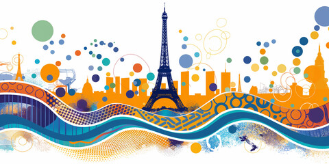 Poster - Paris cityscape skyline creating wavy colorful pattern design