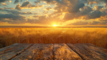 Wall Mural - Focus on table in front of wheat field, gold, terragen, innovative, sparse background, cartelcore, beautiful.