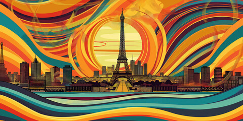 Poster - Paris skyline with eiffel tower and abstract colorful waves design