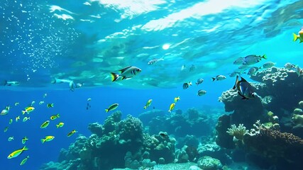 Poster - Tropical fish swim amongst a colorful coral reef. The sun shines through the water, illuminating the scene.