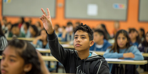 Poster - Smart student raising hand to answer teacher question in classroom