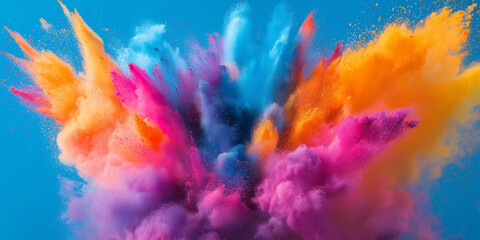 Poster - Colorful powder exploding creating abstract shapes on blue background