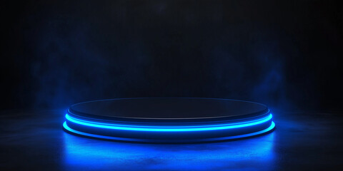 Poster - Round black stage glowing with blue neon lights and smoke