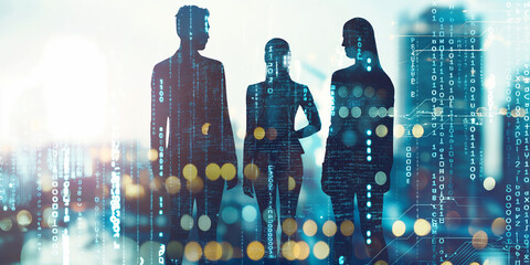 Aufkleber - Businesspeople silhouettes standing with digital cityscape and binary code