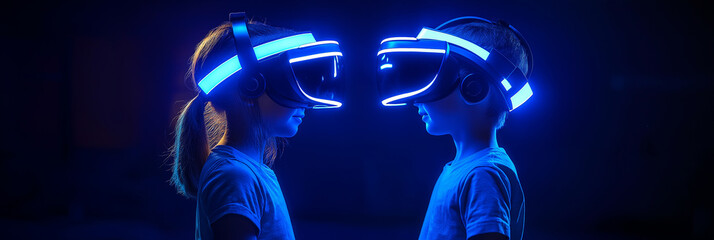 Aufkleber - Two kids experiencing virtual reality with vr headsets in a dark room