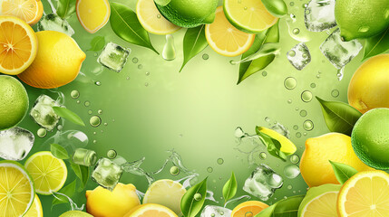 Poster - Fresh citrus fruit splashing into clear water with ice cubes