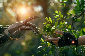 Poster - Artificial intelligence and human hands connecting in a futuristic big data network. Machine learning, AI technology, and innovation driving the future of human-robot interaction.