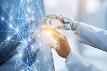 Poster - Artificial intelligence and human hands connecting in a futuristic big data network. Machine learning, AI technology, and innovation driving the future of human-robot interaction.