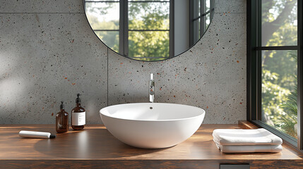 Wall Mural - Terrazzo counter with white sink. Minimalist interior design of modern bathroom.