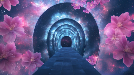 Sticker - A portal to another world, a starry night sky and pink blossoms