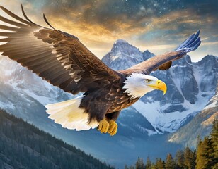 bald eagle with light on face and in flight against illustrated mountain background