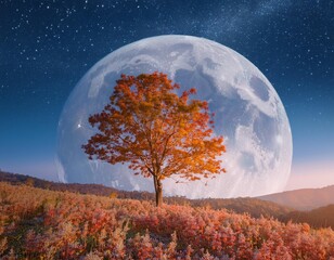 Beautiful autumn fantasy - maple tree in fall season and full moon with milky way star in night skies background. Retro style artwork with vintage color tone