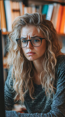 Wall Mural - Worried Female Seller at Desk with Computer Screen Showing Negative Reviews