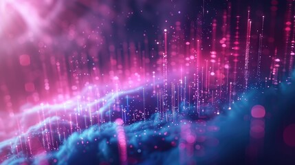 Poster - Mesmerizing ambient music backdrop with a serene audio spectrum and glowing colorful particles  This digital abstract artwork creates a captivating ethereal and immersive visual experience