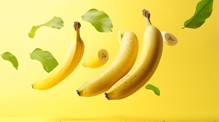 Sticker - Floating Bananas with Green Leaves on Yellow Background