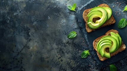 Canvas Print - Healthy menu concept with avocado sandwich on toast top view with copy space